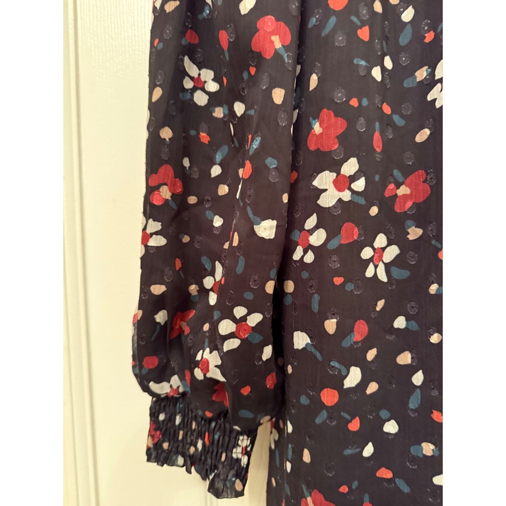 Paper Parachute Dress Womens XS Navy Floral Smocked Mock Neck Ruffle Tiered Midi - Picture 9 of 10